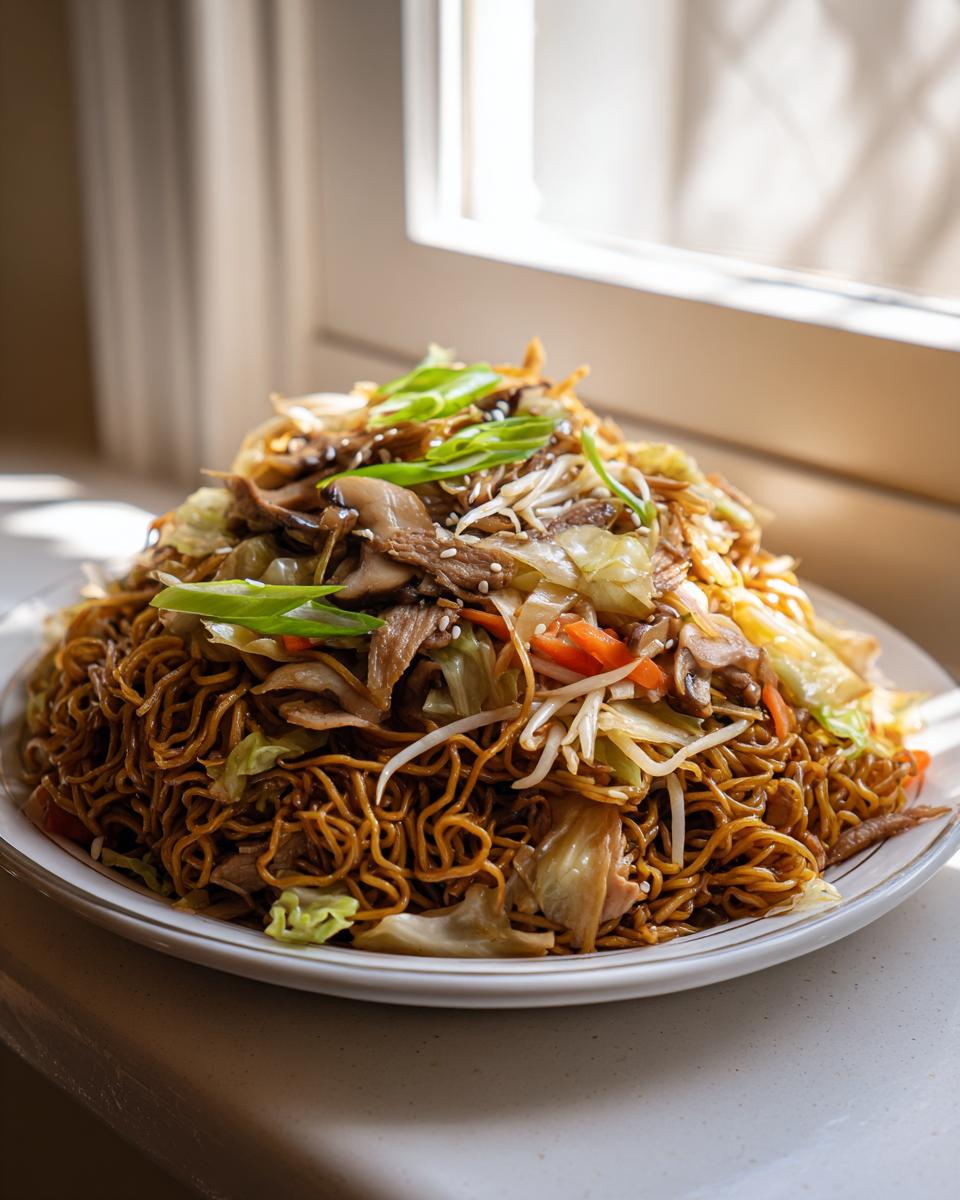 A large serving of savory fried noodles mixed with cabbage, mushrooms, carrots, and topped with green onions.