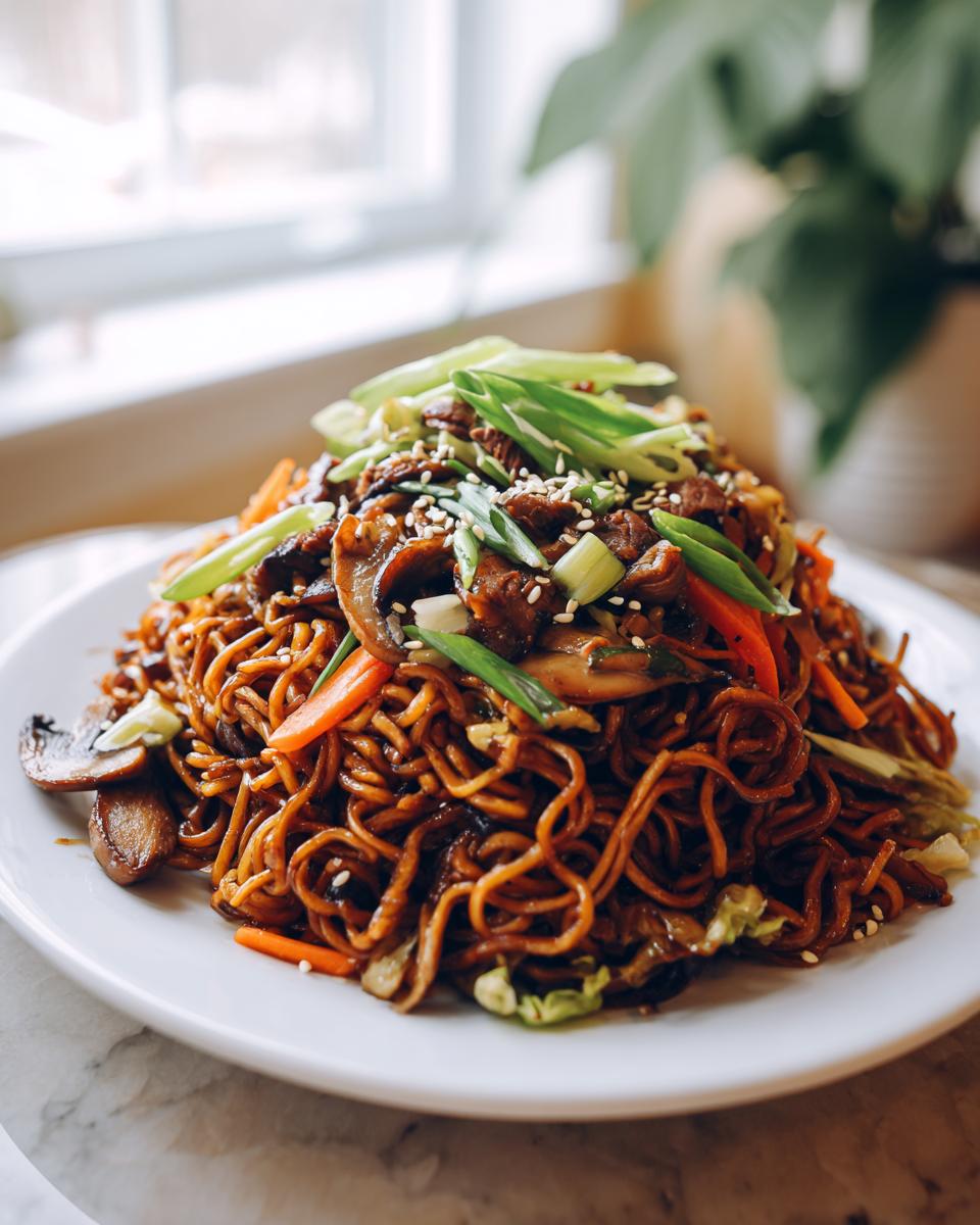 A generous serving of savory fried noodles topped with mushrooms, carrots, and fresh green onions.