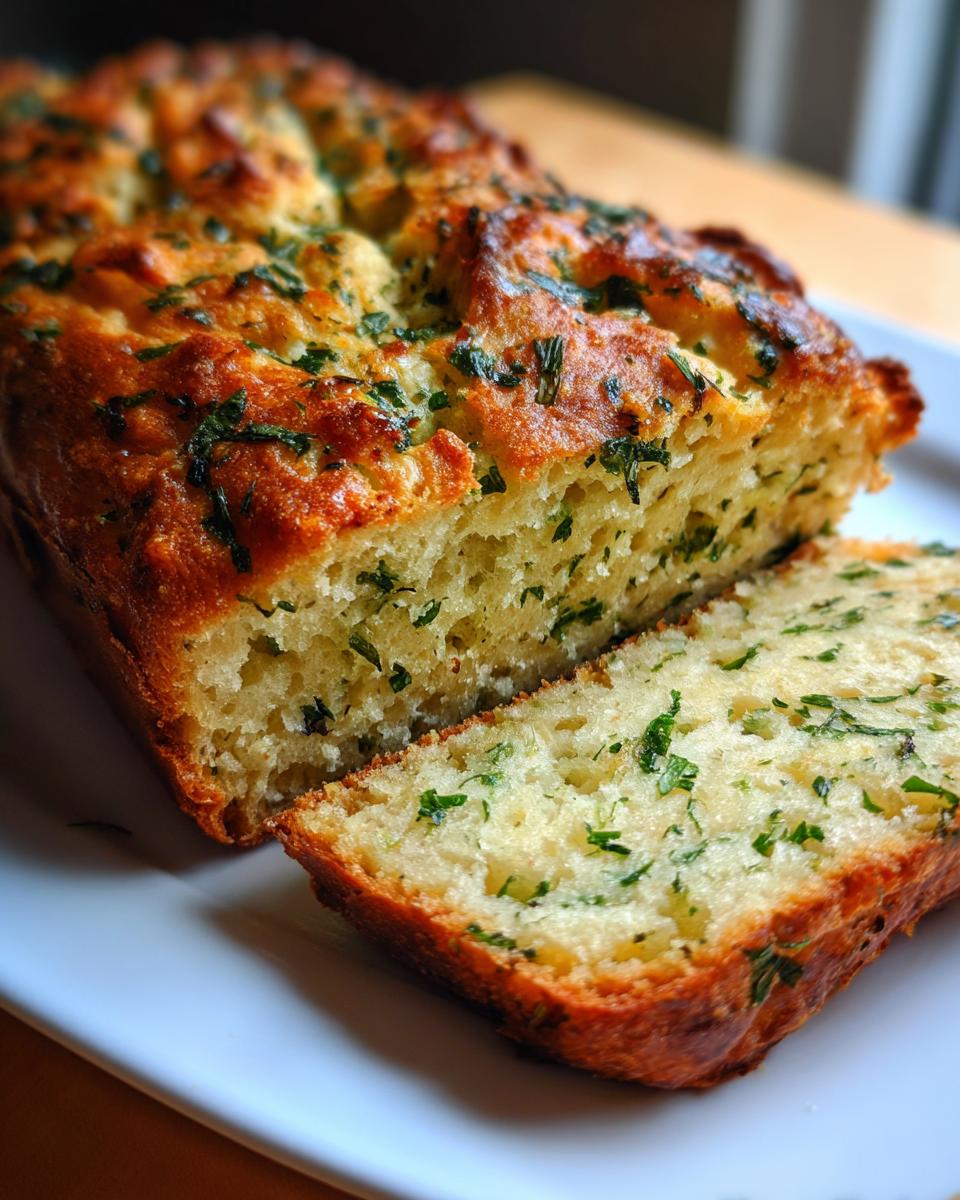 Close-up of a golden-brown savory quick bread, studded with green herbs, with one slice cut and resting beside the loaf.