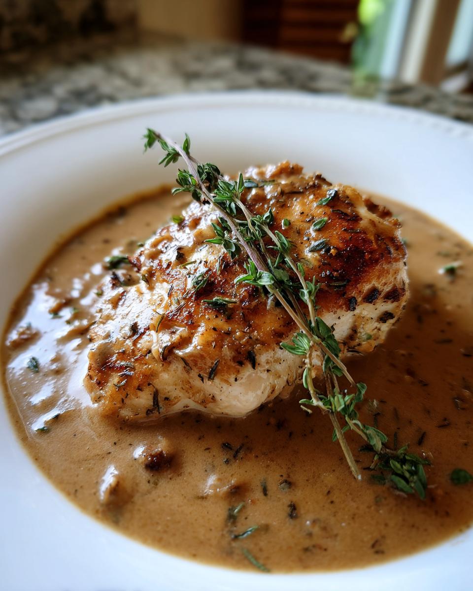 A perfectly seared chicken breast smothered in rich brown gravy and garnished with fresh thyme, a perfect example of chicken and gravy.