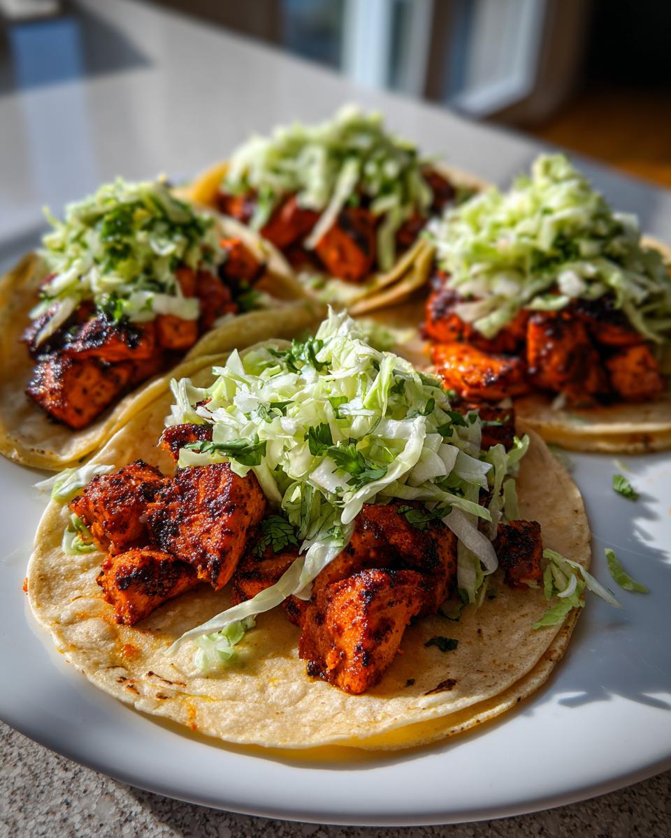 Close-up of three delicious salmon tacos filled with bright red seasoned salmon chunks and topped with shredded cabbage slaw.