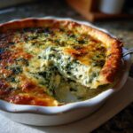 A slice of creamy, baked spinach artichoke dip being lifted from a white round baking dish.