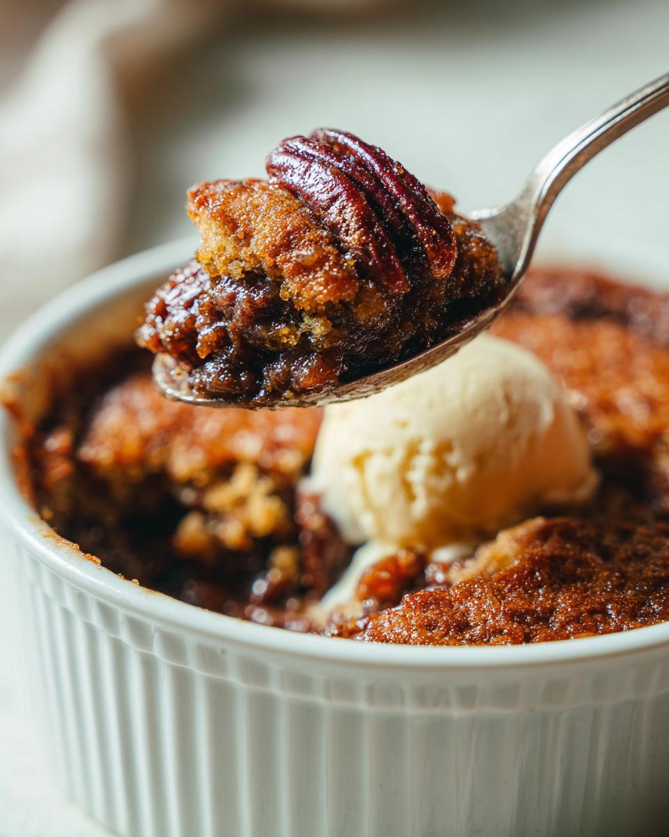 A spoonful of warm pecan pie cobbler recipe topped with a pecan, being lifted from a white ramekin with vanilla ice cream.