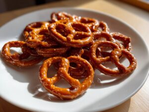 A close-up of shiny, glazed toffee pretzels stacked on a white plate, glistening in the sunlight.
