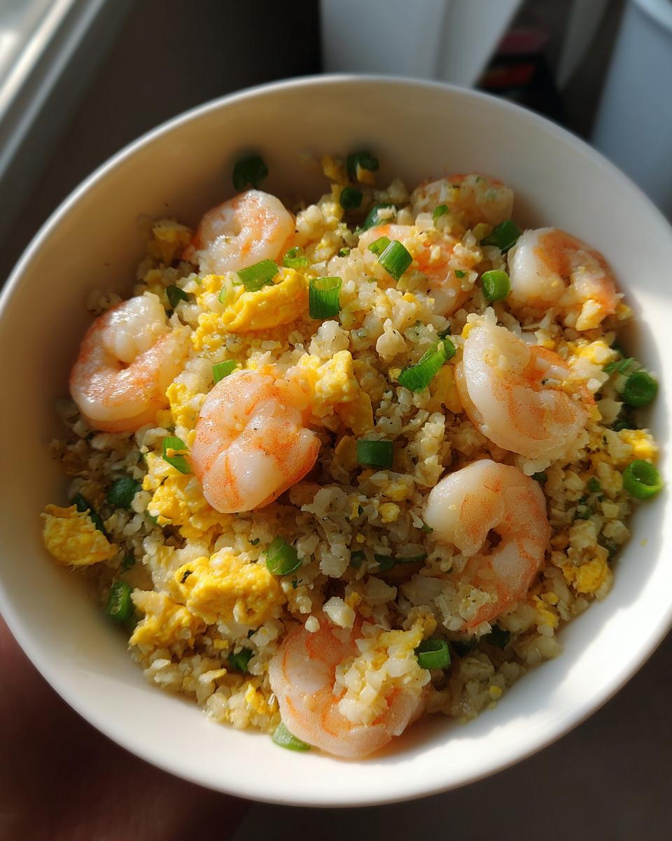 A close-up overhead shot of shrimp cauliflower fried rice with scrambled egg and green onions in a white bowl.
