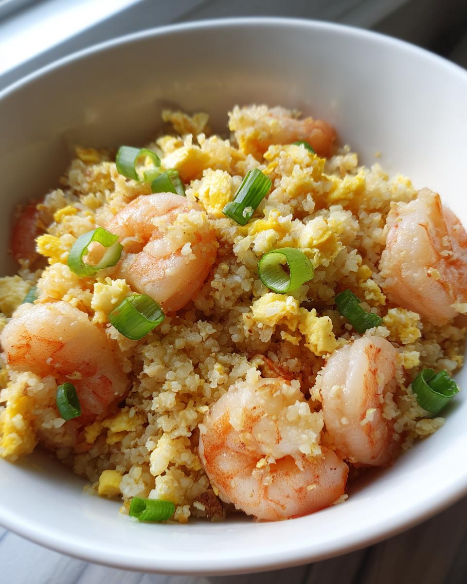 Close-up of shrimp cauliflower fried rice mixed with scrambled egg and topped with sliced green onions.