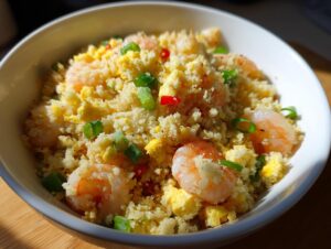 A close-up of shrimp cauliflower fried rice with scrambled egg and green onions in a white bowl.