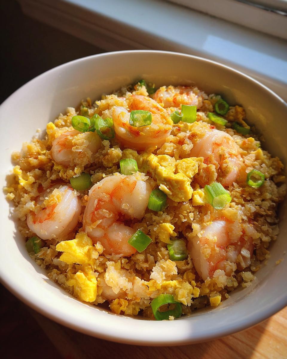 Close-up of a white bowl filled with shrimp cauliflower fried rice, scrambled egg, and green onions.