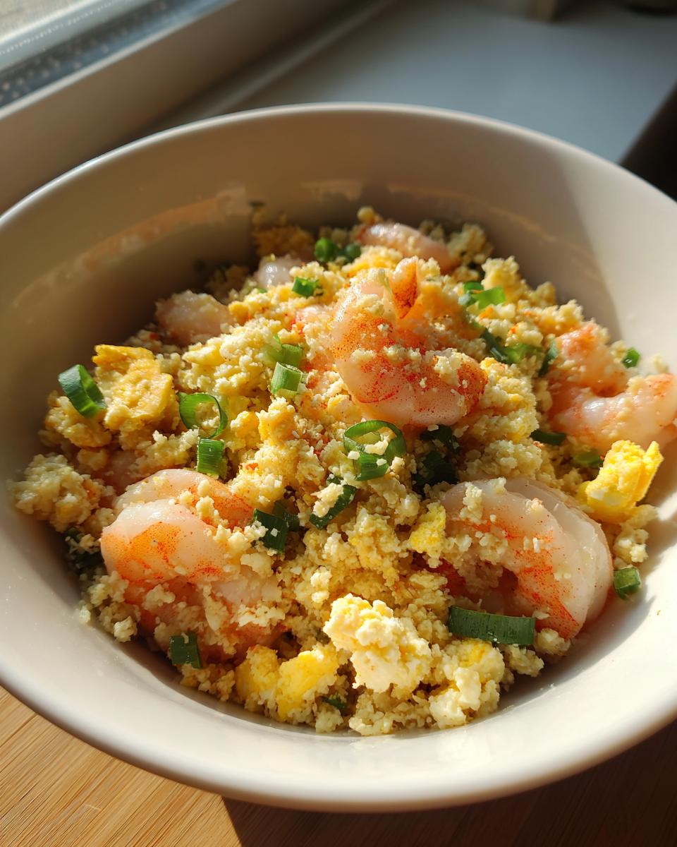 Close-up of bright cauliflower fried rice with scrambled egg and pink shrimp, topped with green onions.