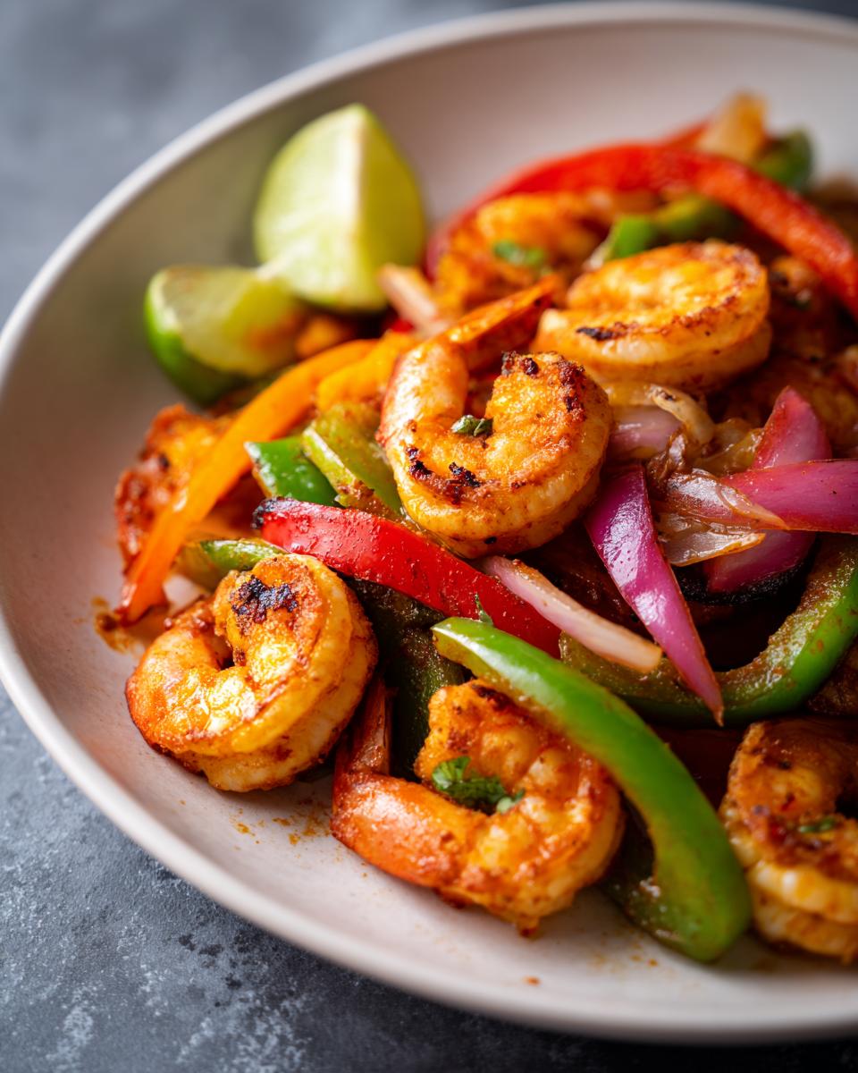 Close-up of seasoned, grilled shrimp fajitas mixed with colorful bell peppers and red onions, served with lime wedges.