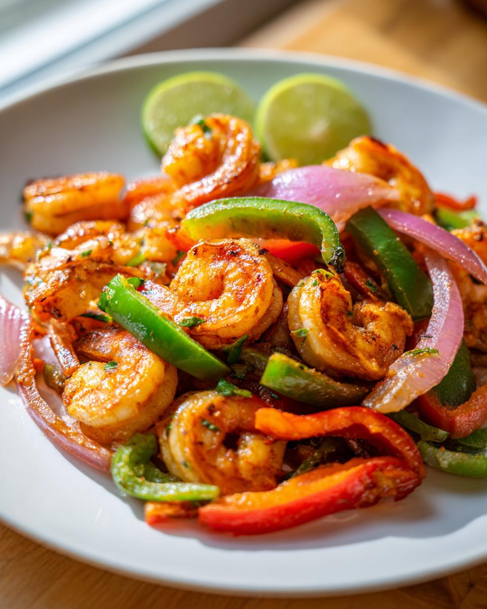 Close-up of seasoned shrimp fajitas with colorful bell peppers and red onion, garnished with lime wedges.