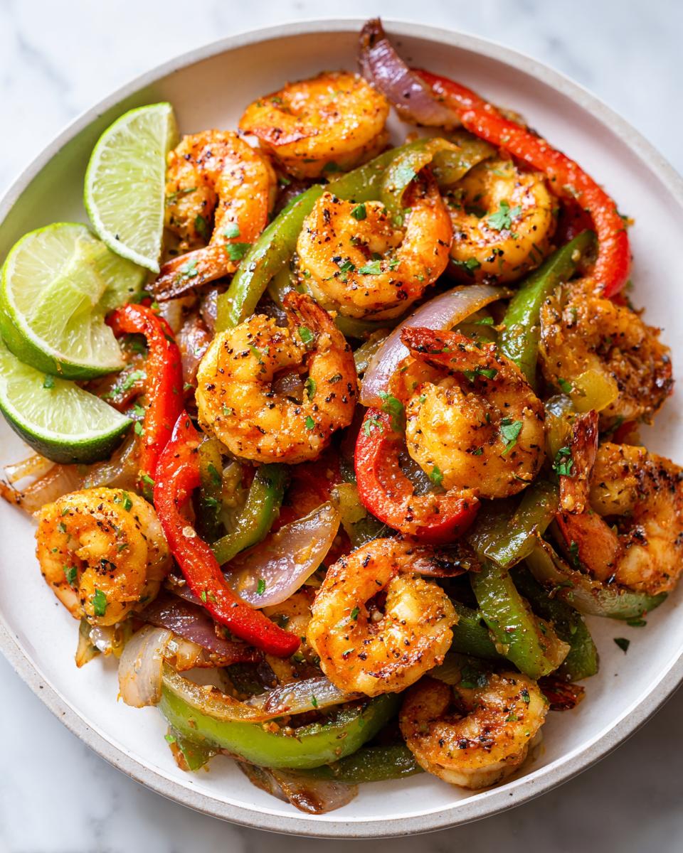 Close-up of sizzling shrimp fajitas with sautéed peppers, onions, and lime wedges.