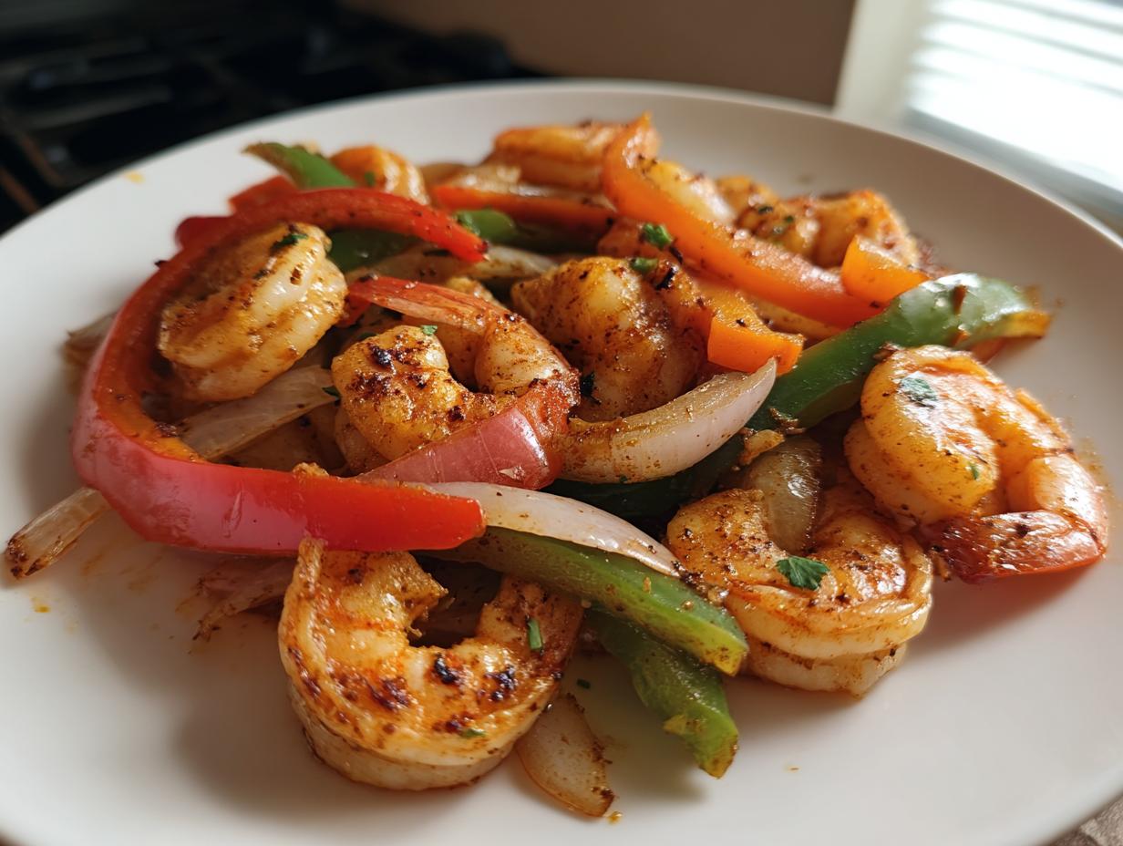 Close-up of seasoned shrimp fajitas mixed with sautéed red, green, and orange bell peppers and onions on a white plate.