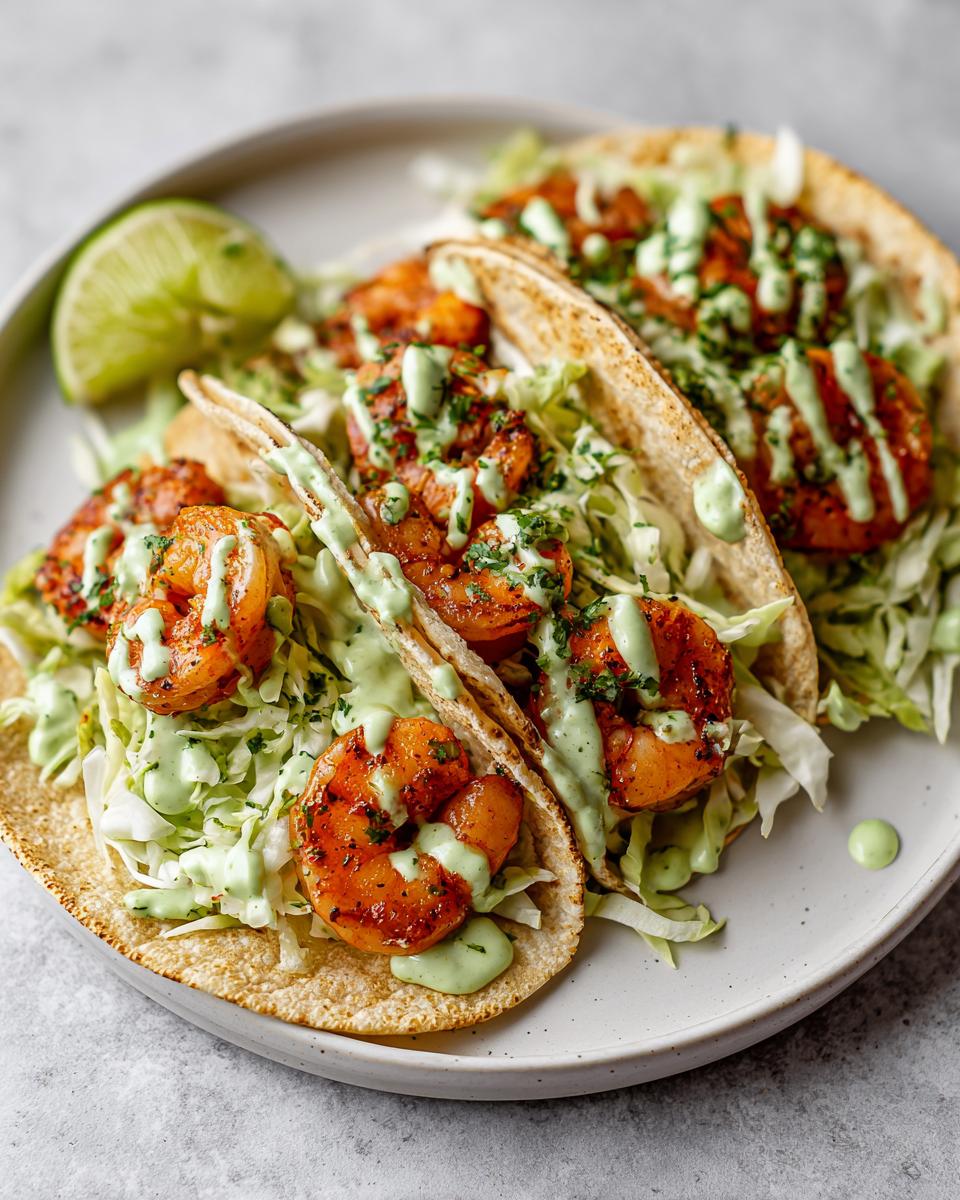 Three delicious shrimp taco shells filled with seasoned shrimp, shredded cabbage, and drizzled with a creamy green sauce.