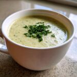 Close-up of a creamy, pale green celery soup topped with fresh chopped parsley in a white mug.