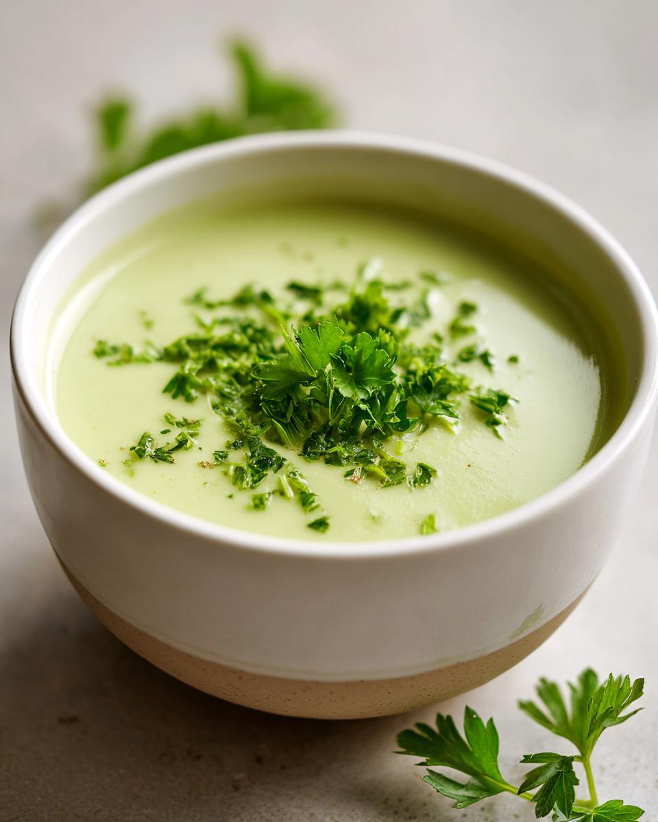 Close-up of a bowl of smooth, light green celery soup topped with fresh chopped parsley.
