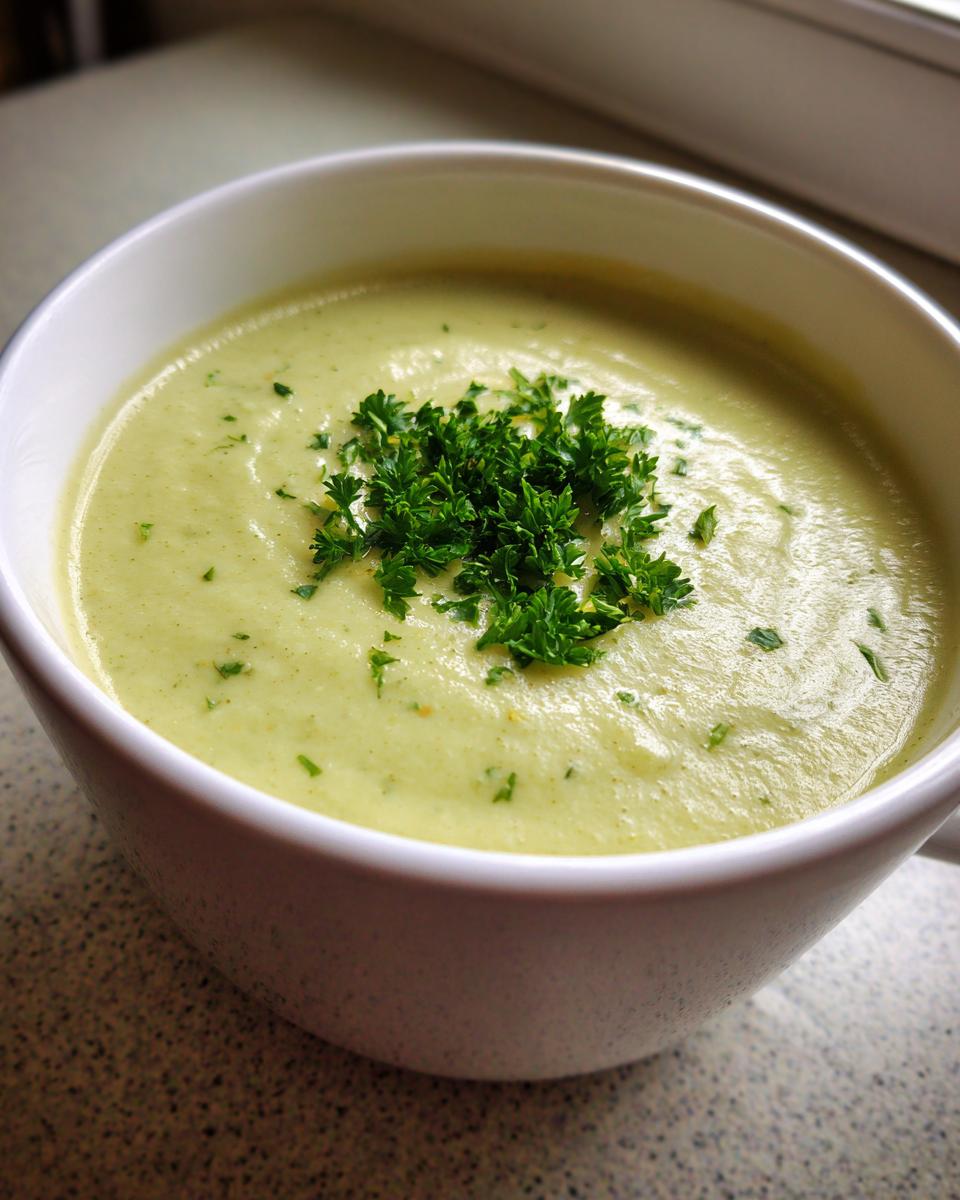 Close-up of a bowl of creamy, pale green celery soup topped with fresh chopped parsley.