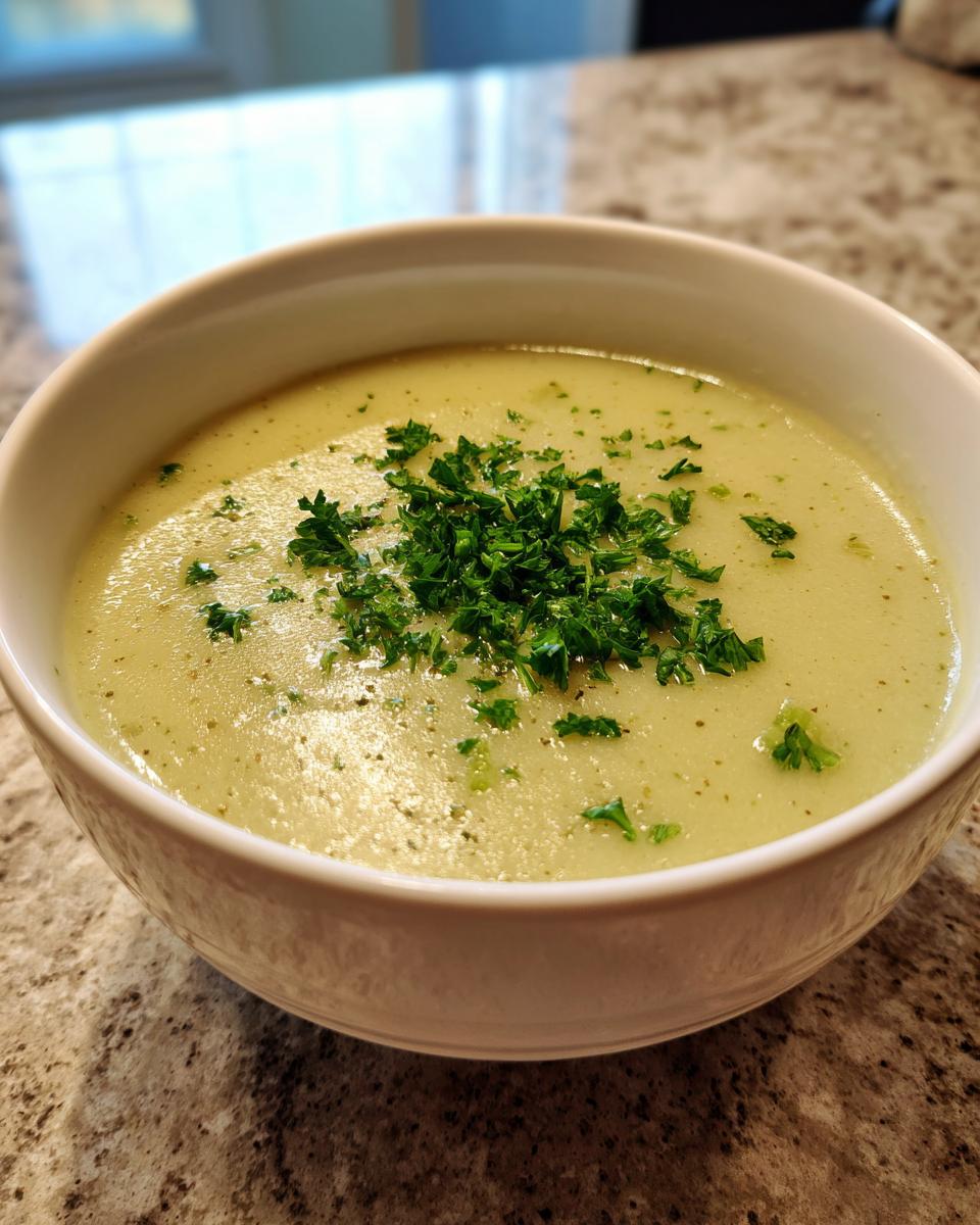 A close-up of a bowl of silky smooth celery soup garnished with fresh chopped parsley.