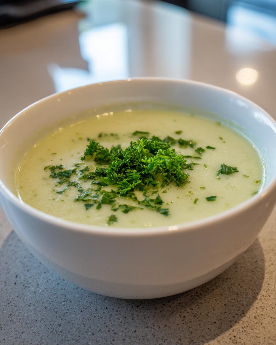 Close-up of a bowl of silky celery soup topped with a generous garnish of fresh, chopped parsley.