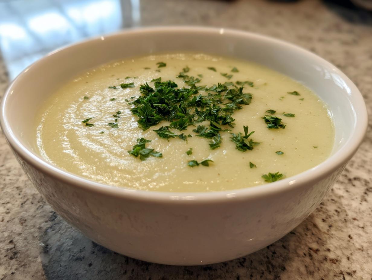 A close-up of a bowl of creamy, silky celery soup topped with fresh chopped parsley.