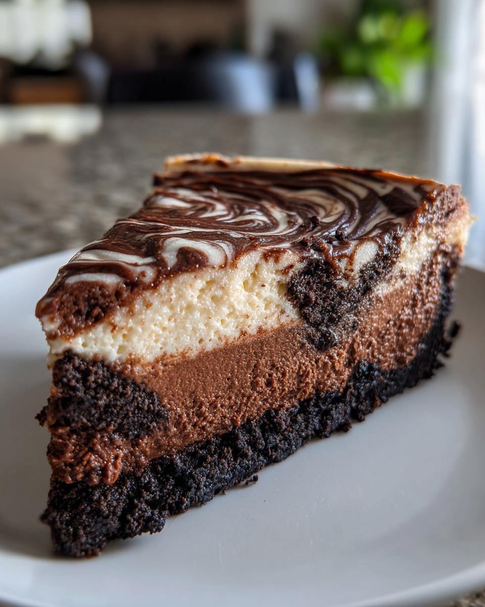 A decadent slice of 3 layer chocolate cheesecake showing distinct layers and a marbled top.