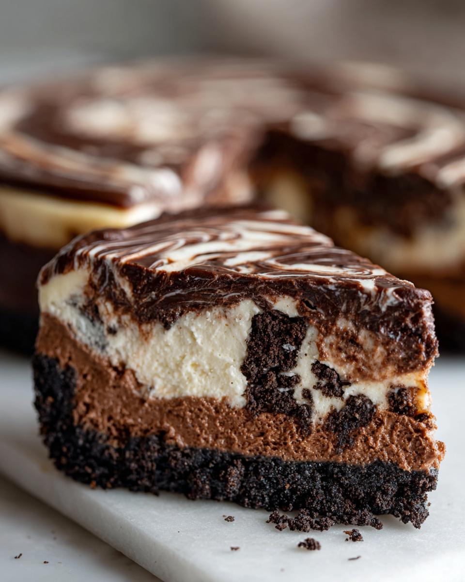 A thick slice of three-layer chocolate cheesecake featuring a dark crust, chocolate mousse, vanilla layer, and marbled chocolate topping.