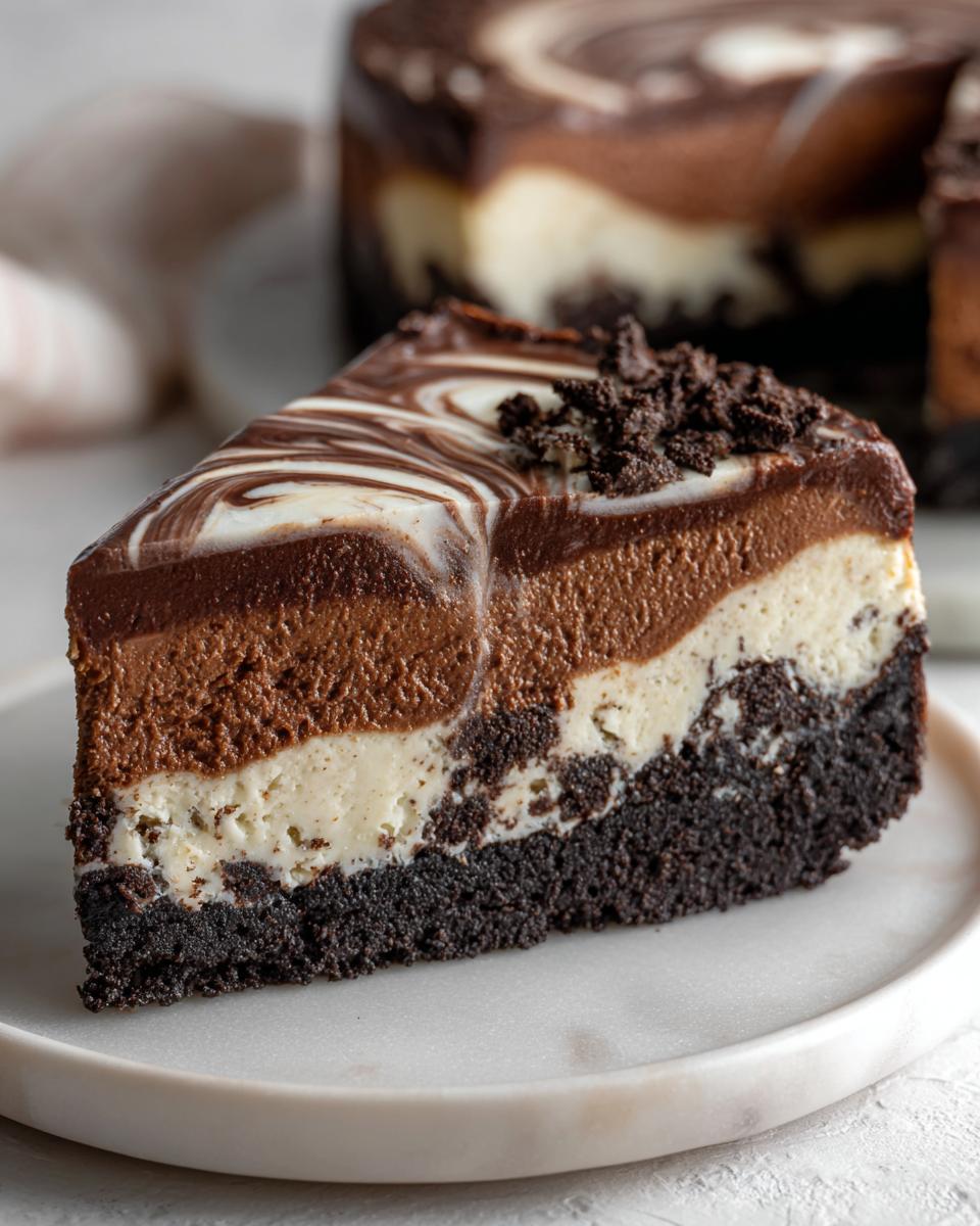 A perfect slice of 3 layer chocolate cheesecake featuring a dark crust, white layer, dark chocolate layer, and marbled topping.