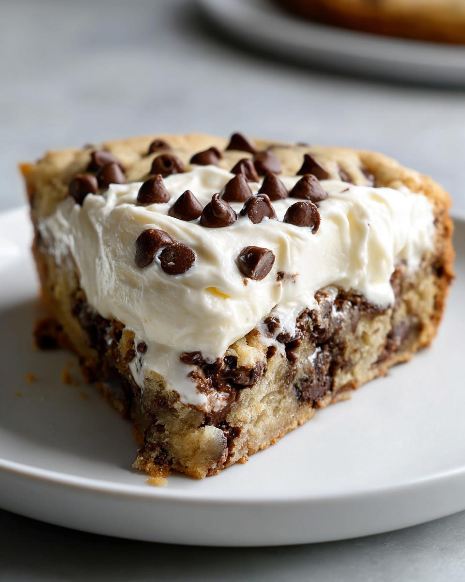 A thick slice of amazing cookie cake recipe topped with white frosting and chocolate chips.