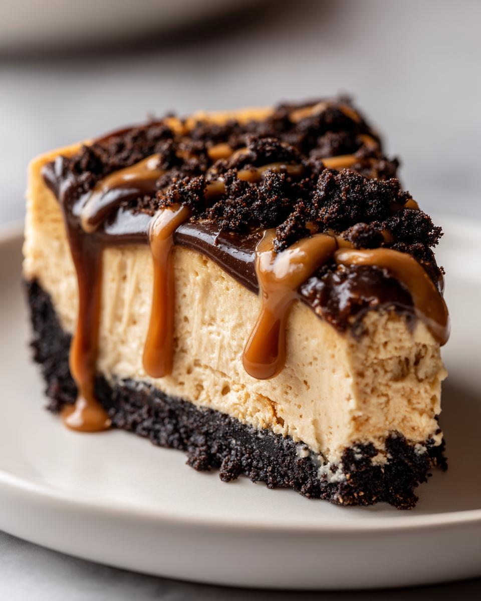 Close-up of a rich slice of biscoff cheesecake with a dark crust, topped with chocolate drizzle and caramel sauce.