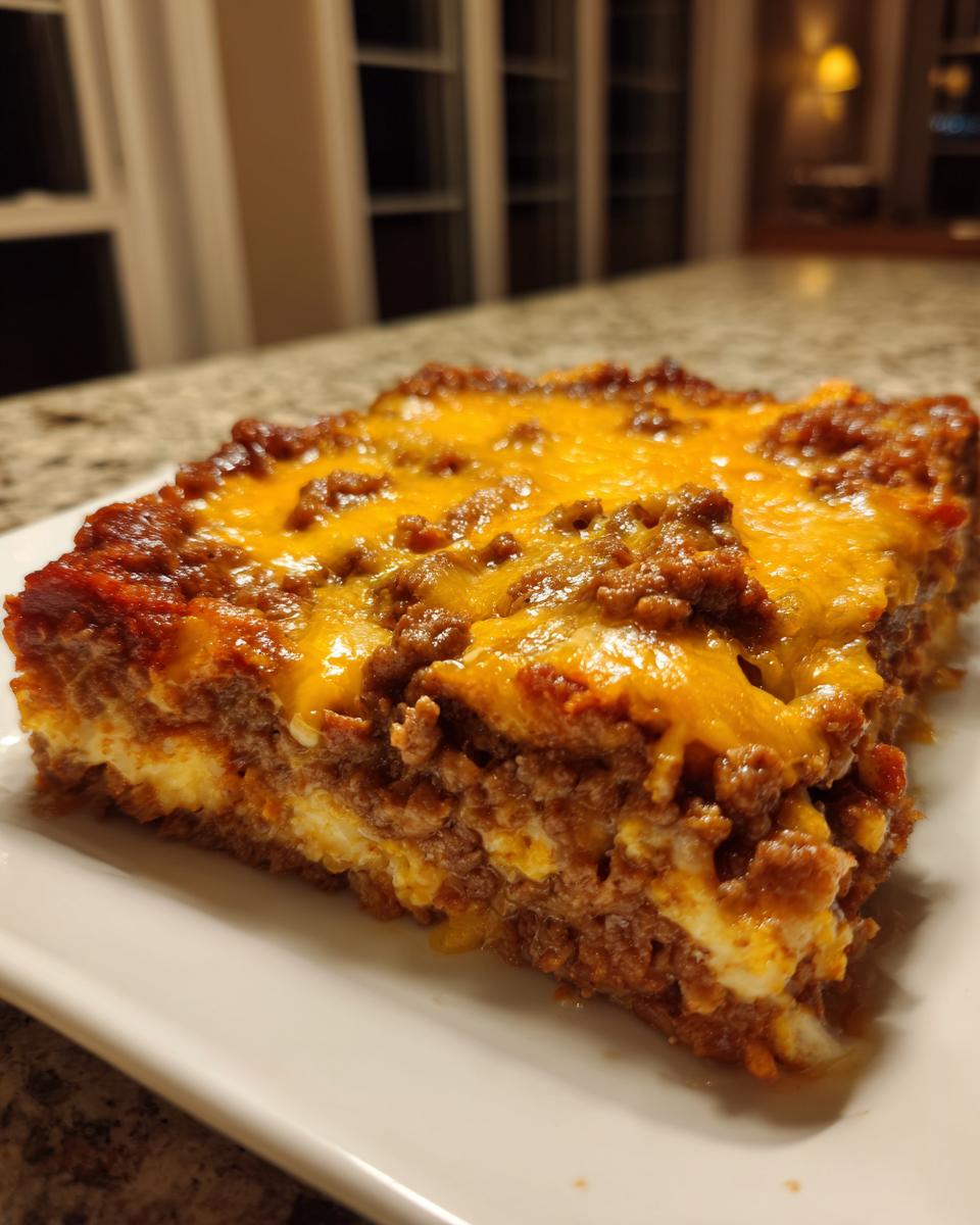 A thick slice of meatloaf casserole topped with melted cheddar cheese, served on a white plate.