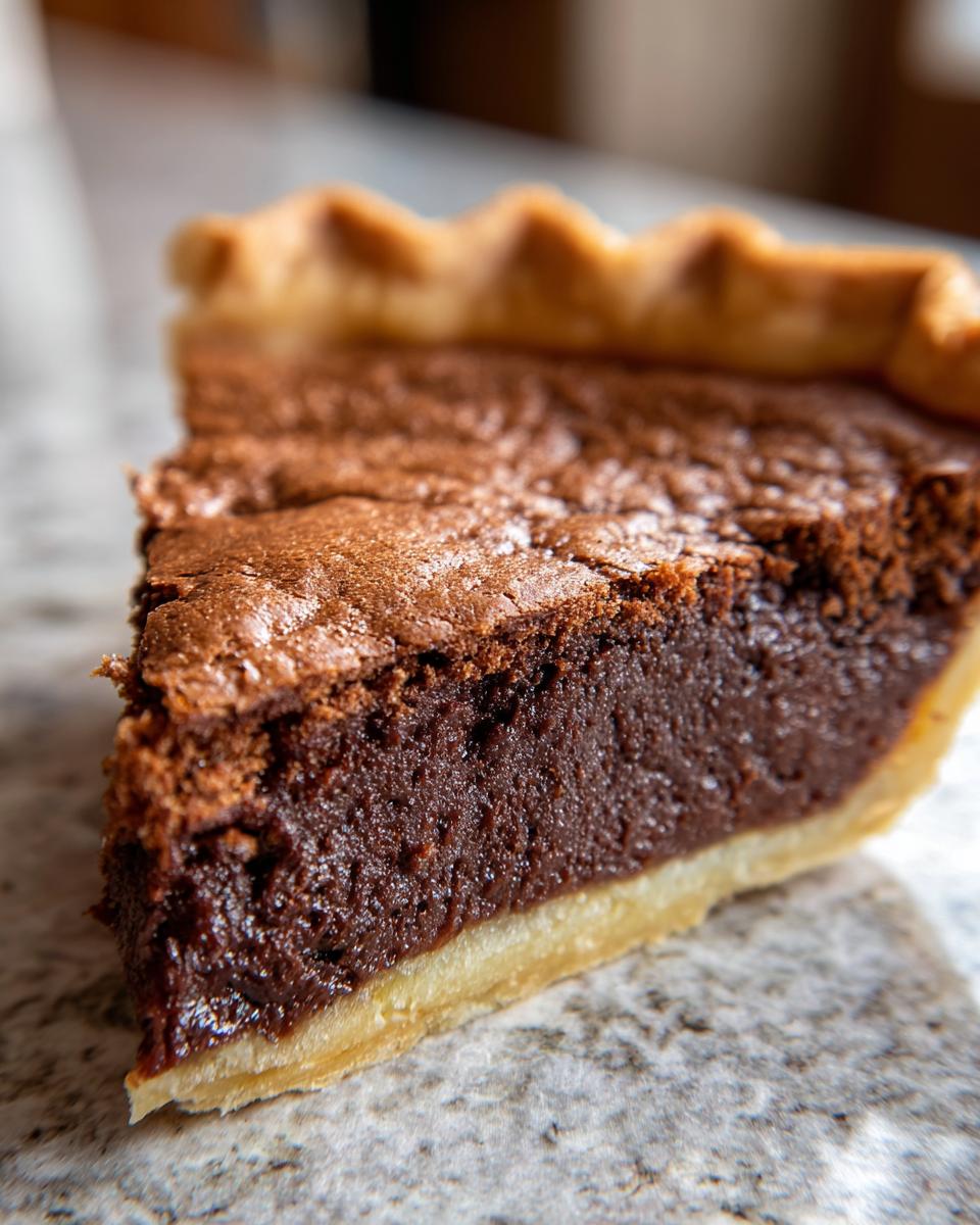A close-up view of a thick slice of chocolate chess pie showing the dense, fudgy filling and flaky crust edge.