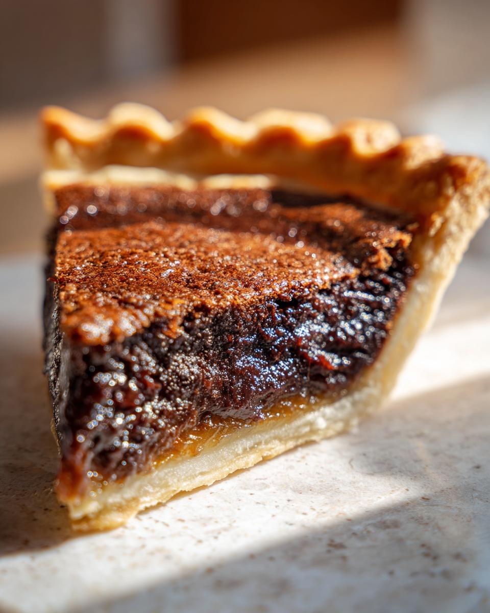 Close-up of a rich, dark slice of chocolate chess pie showing the gooey filling and crimped crust edge.