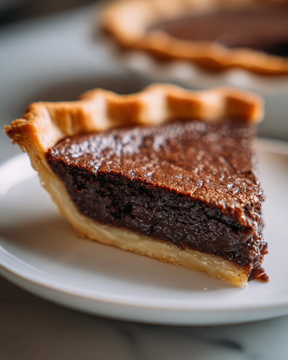 Close-up of a decadent slice of chocolate chess pie showing the dark, fudgy filling and flaky crust.