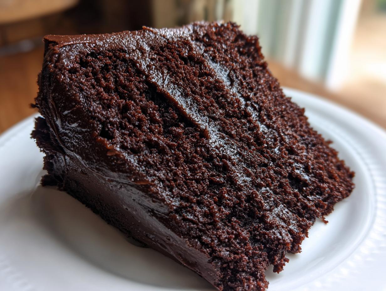 Close-up of a moist slice of dark chocolate fudge cake covered in glossy chocolate frosting on a white plate.