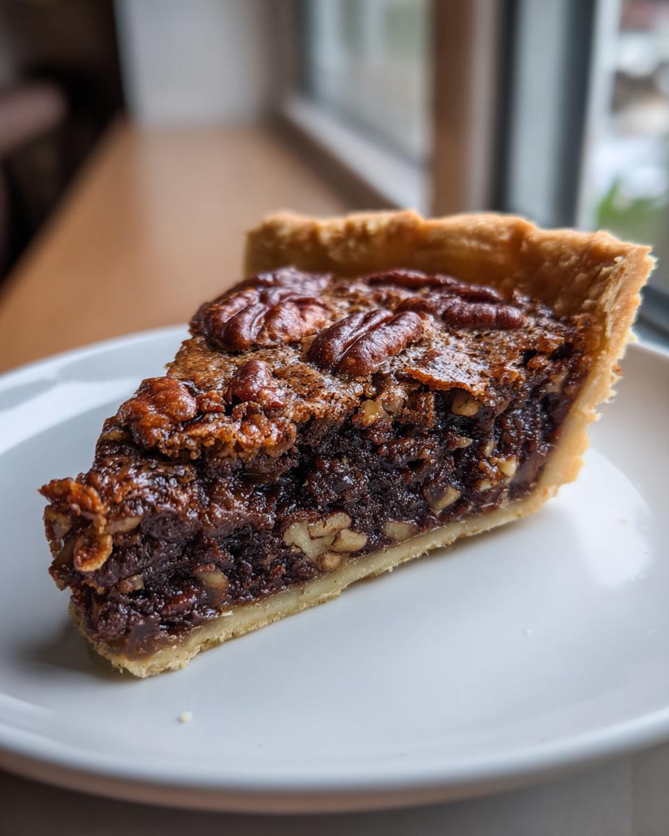 A close-up of a decadent slice of chocolate pecan pie showing the gooey filling and whole pecans on top.