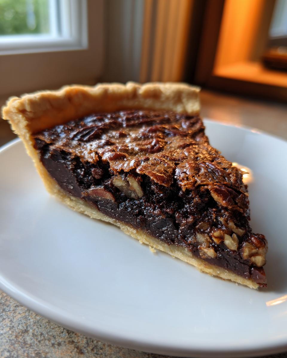 A close-up slice of rich chocolate pecan pie showing the dark filling and pecan topping on a white plate.