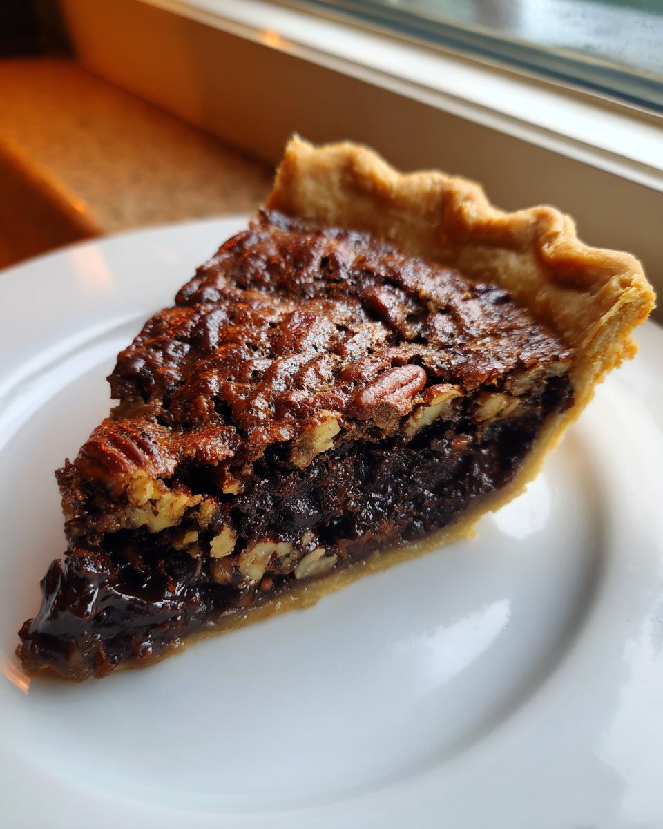 A close-up of a decadent slice of chocolate pecan pie showing the flaky crust and gooey filling.
