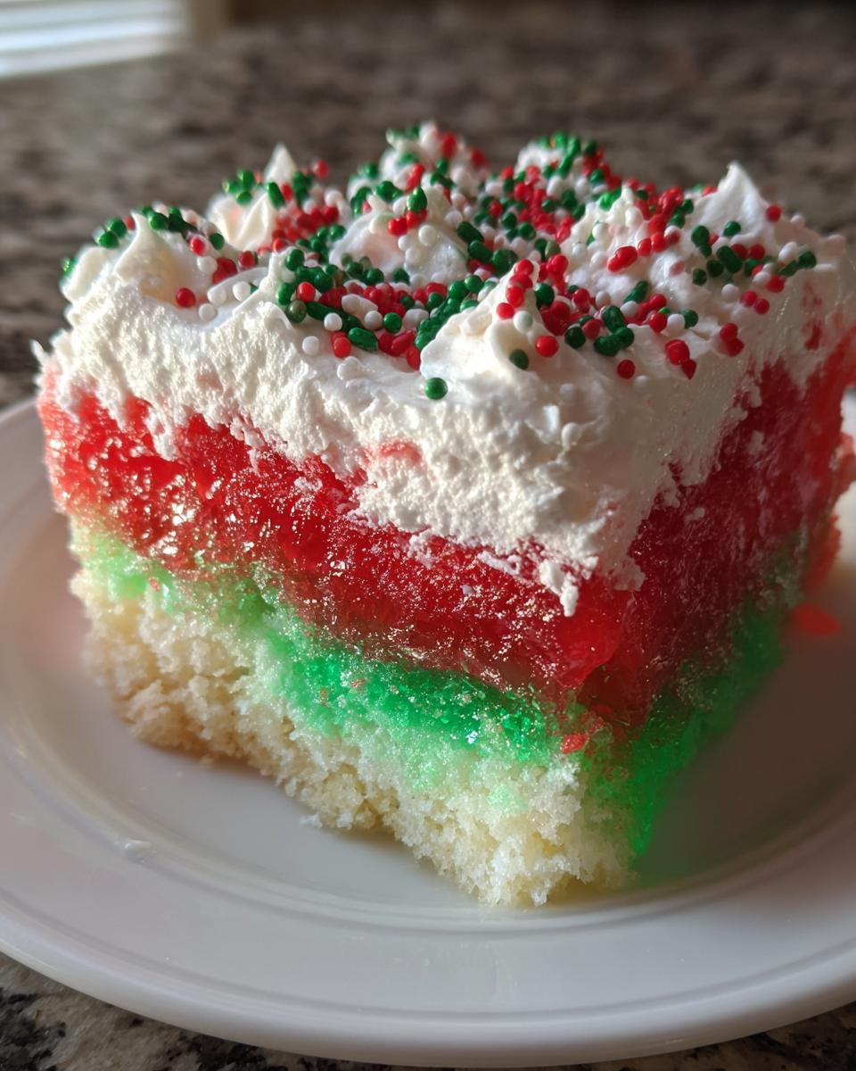 A close-up slice of christmas poke cake featuring layers of red and green gelatin, topped with whipped cream and festive sprinkles.