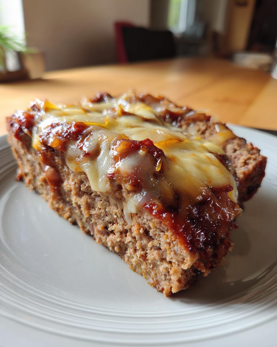 Close-up of a thick slice of crockpot french onion meatloaf topped with melted cheese and glaze.