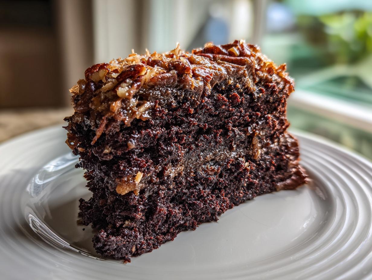 Close-up of a rich, dark slice of german chocolate cake recipe topped with coconut-pecan frosting.