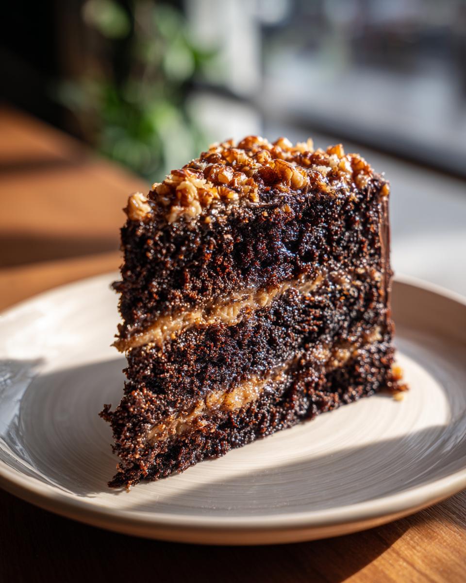 A moist slice of german chocolate cake recipe showing dark chocolate layers and coconut-pecan filling, topped with nuts.