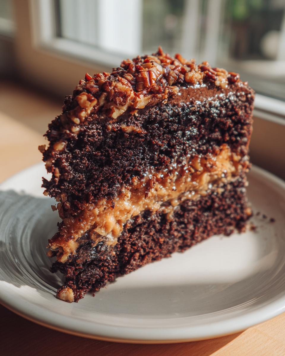 A rich slice of german chocolate cake recipe featuring dark chocolate layers and coconut-pecan filling.