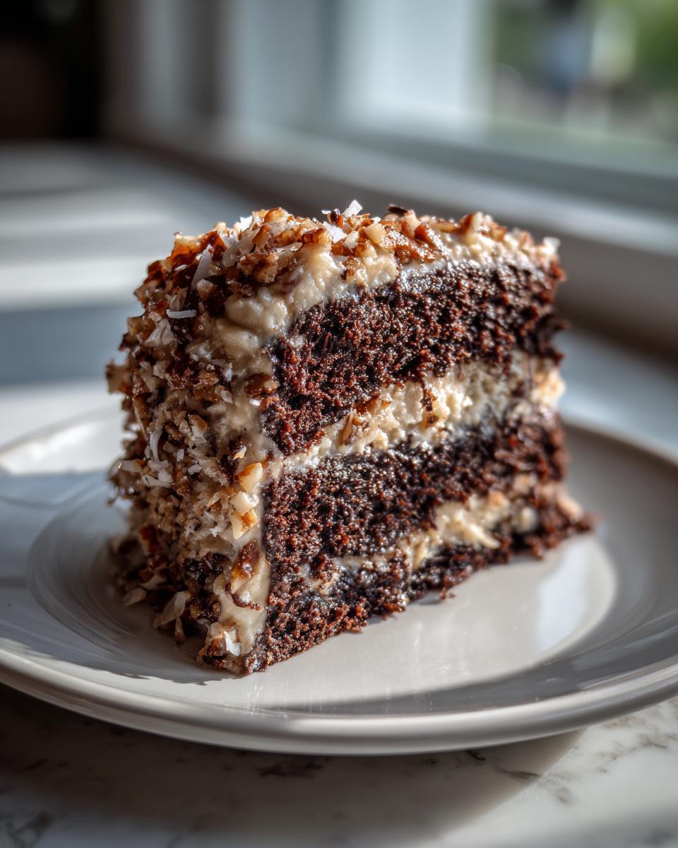 A rich slice of german chocolate cake recipe showing dark layers and coconut-pecan frosting.