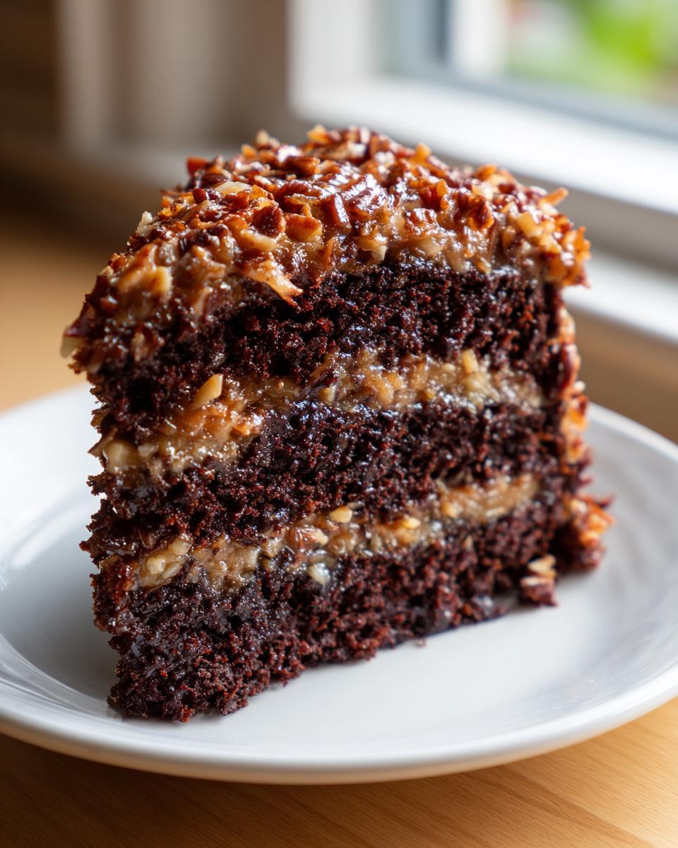 A tall slice of moist, dark chocolate cake layered with coconut-pecan frosting, showing the classic german chocolate cake recipe texture.