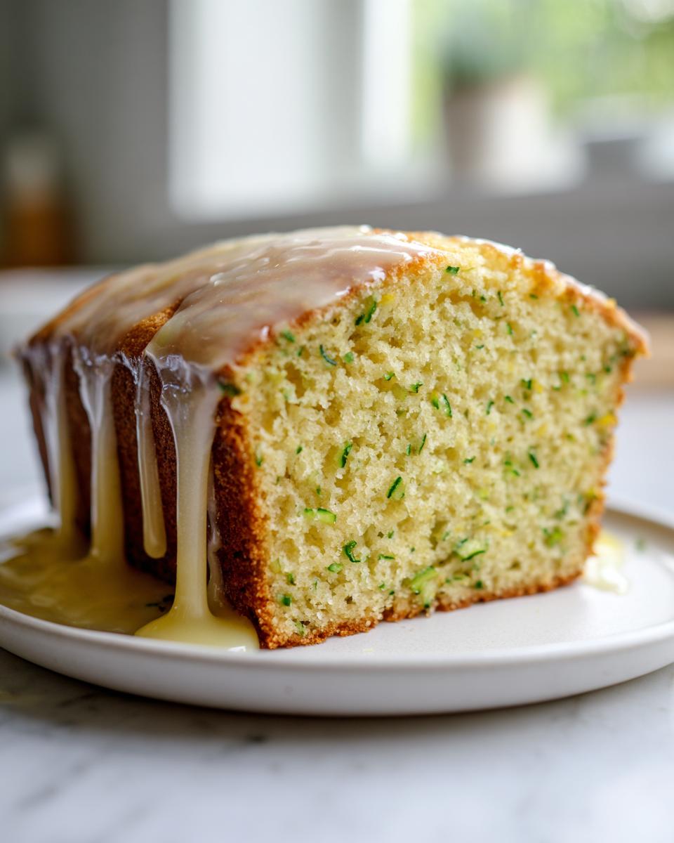 A thick slice of moist lemon zucchini bread topped with a dripping lemon glaze.