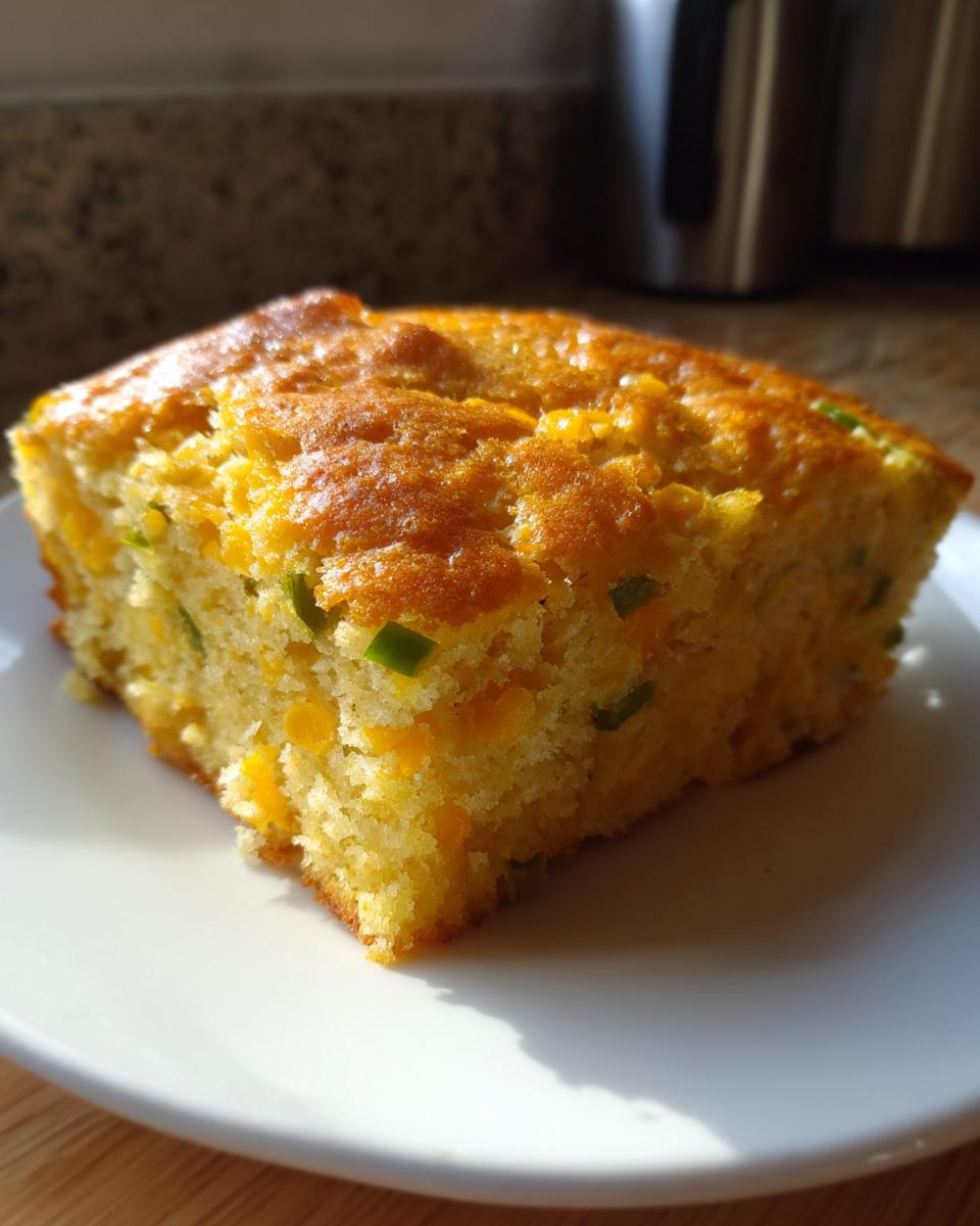 A close-up of a square slice of golden mexican cornbread studded with green jalapeño pieces, served on a white plate.