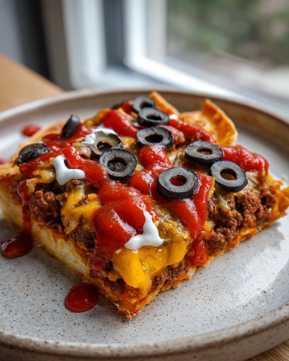 A thick slice of homemade mexican pizza topped with seasoned beef, melted cheese, red sauce, sour cream, and black olives.