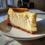 A thick, creamy slice of new york cheesecake with a golden-brown graham cracker crust on a white plate.