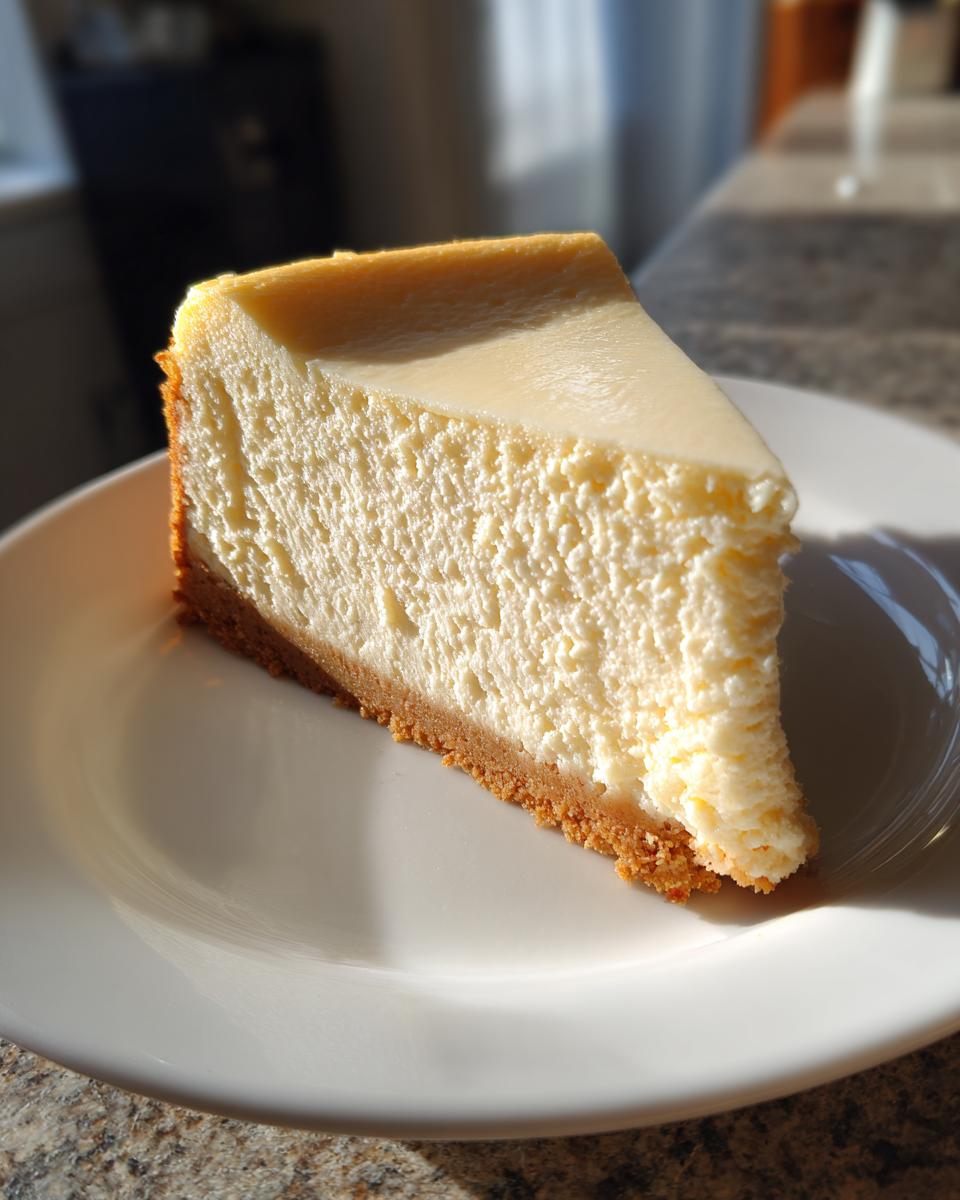 A close-up, sunlit slice of creamy new york cheesecake with a graham cracker crust on a white plate.