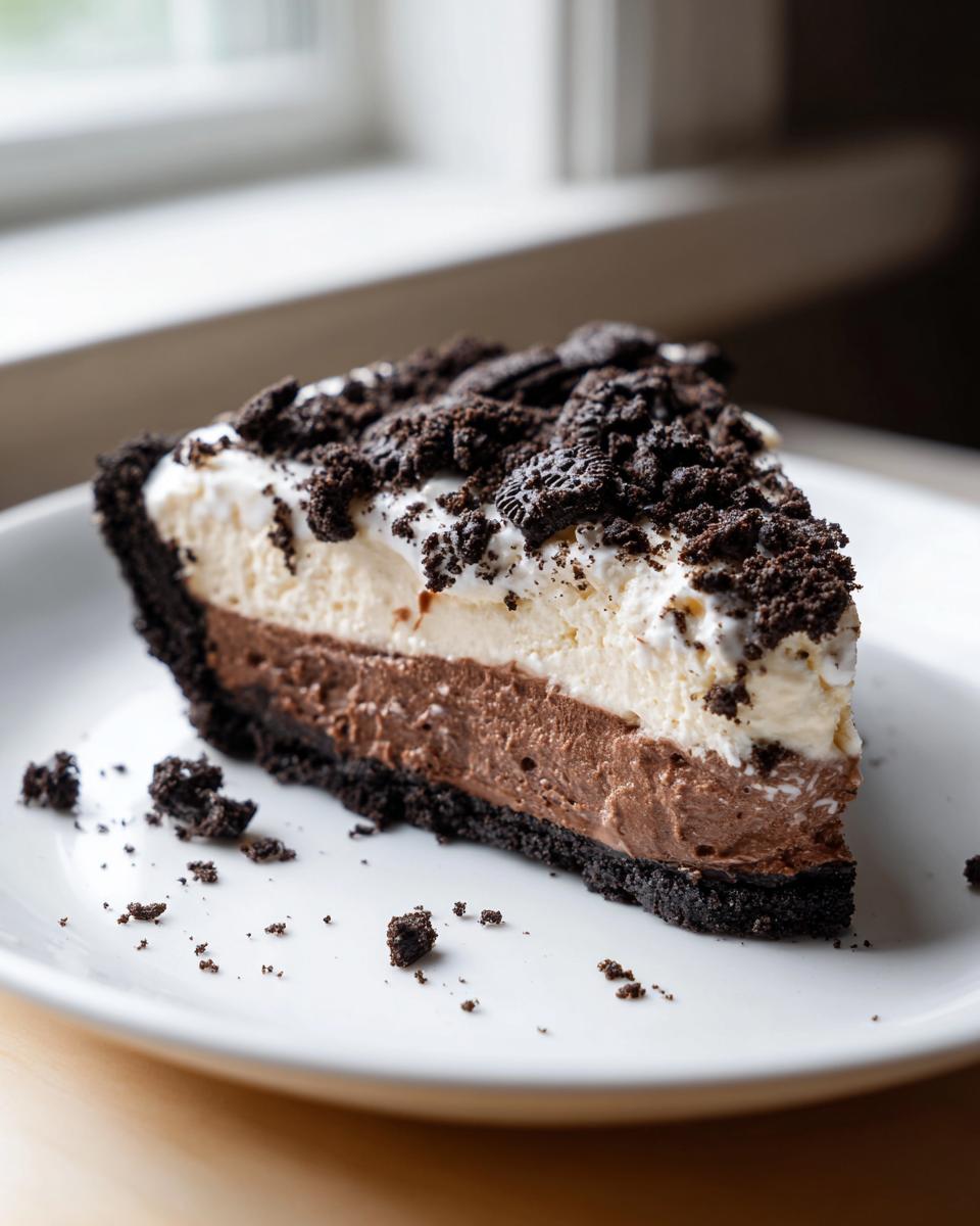 A perfect slice of layered no bake Oreo pie featuring a dark crust, chocolate mousse, white cream, and crushed cookie topping.